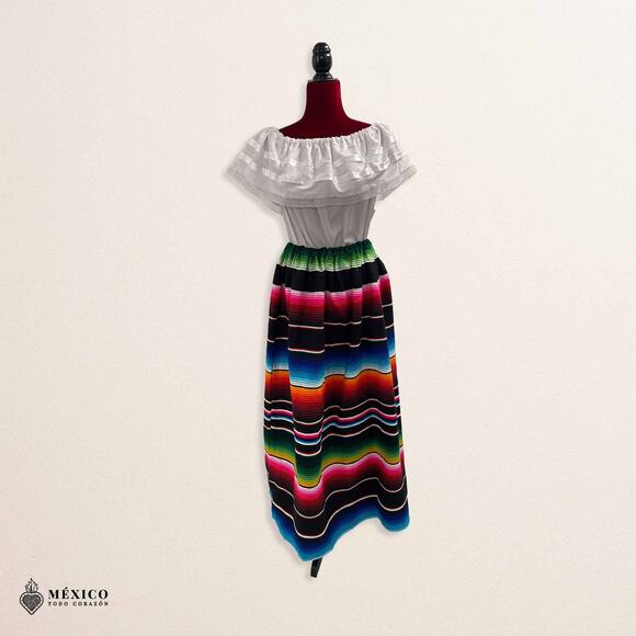 Traditional Mexican Sarape Dress Set, 3 Piece Outfit with Blouse, Skirt & Rebozo - Picture 8 of 9